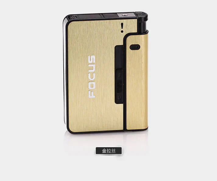 FOCUS Metal Cigarette Case with Built-in USB Rechargeable Lighter – Windproof & Refillable Automatic Pop-up Cigarette Holder