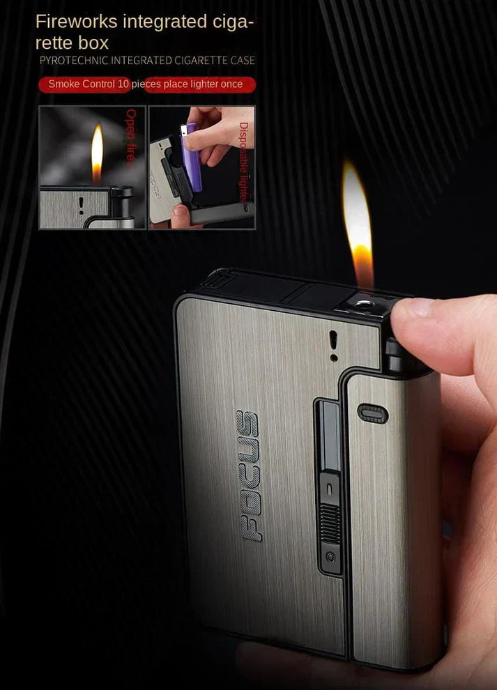 FOCUS Metal Cigarette Case with Built-in USB Rechargeable Lighter – Windproof & Refillable Automatic Pop-up Cigarette Holder