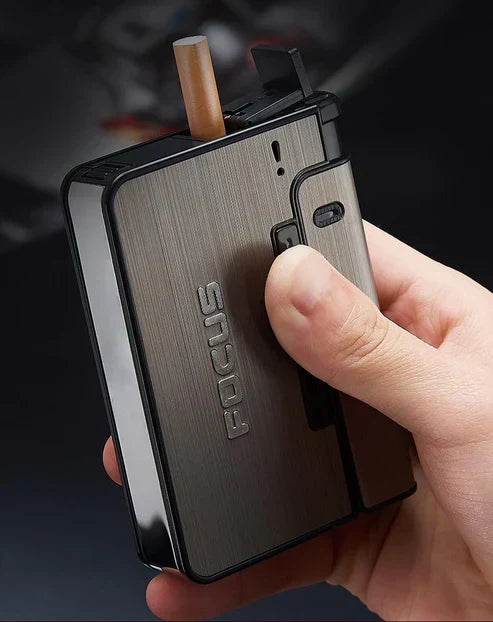 FOCUS Metal Cigarette Case with Built-in USB Rechargeable Lighter – Windproof & Refillable Automatic Pop-up Cigarette Holder